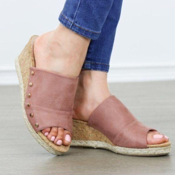 Suede Slip On Cork and Espadrille Wedge Sandal - Picture 3 of 6